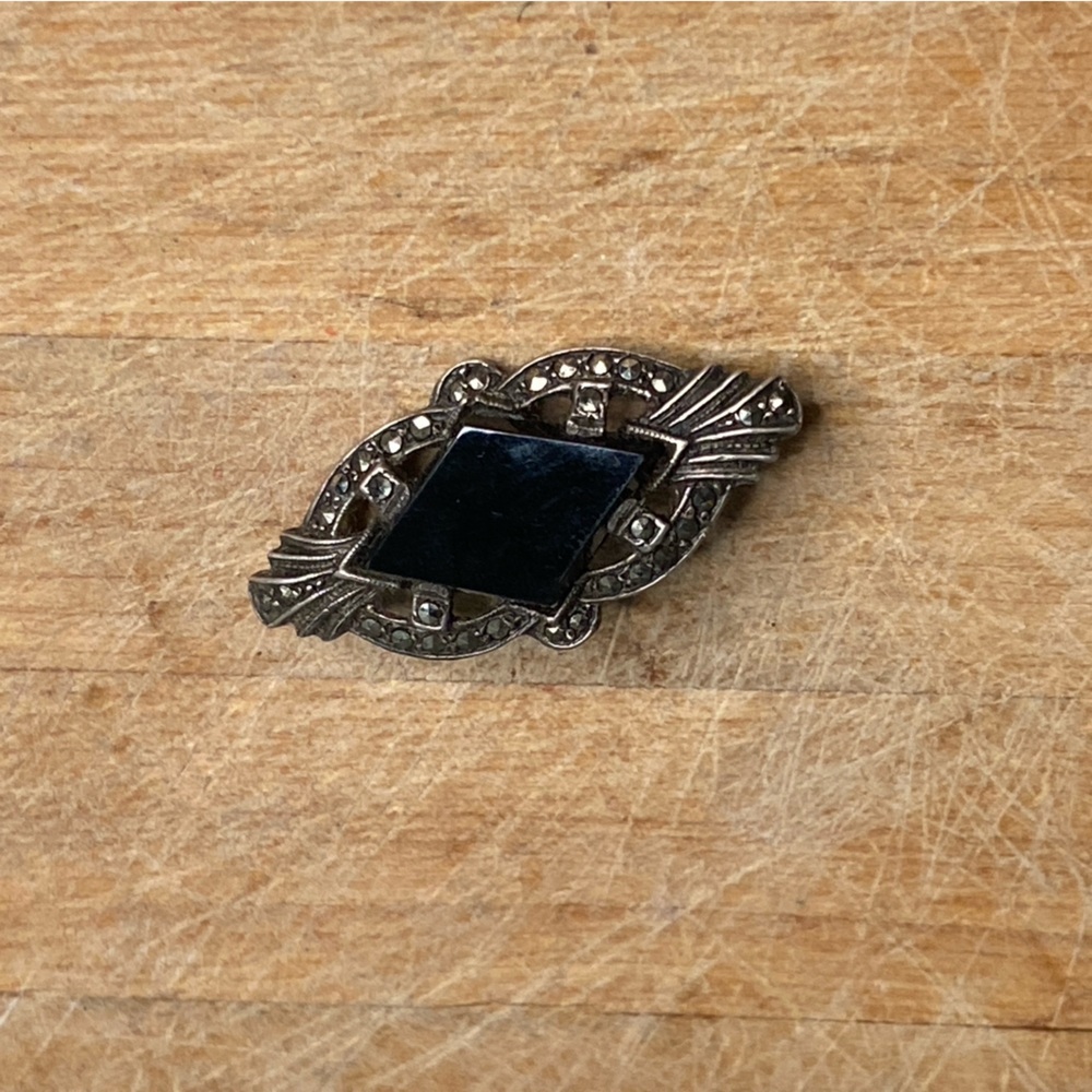 Antique Sterling Silver, Marcasite & Black Glass Art Deco Brooch Pin